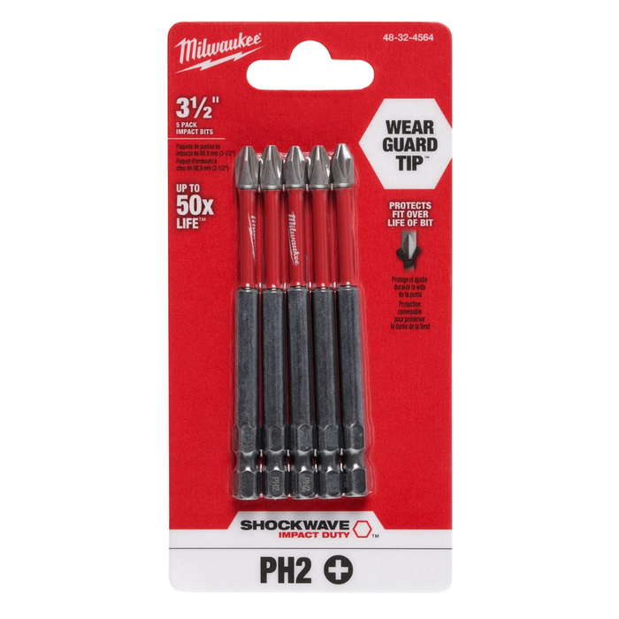 PAQUETE DE 5 PIEZAS DE BROCA TIPO PHILLLIPS Nº 2 PARA IMPACTO DE 3-1/2” SHOCKWAVE MILWAUKEE