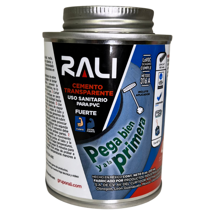 CEMENTO PARA PVC TRANSPARENTE DE 237 ML. RALI