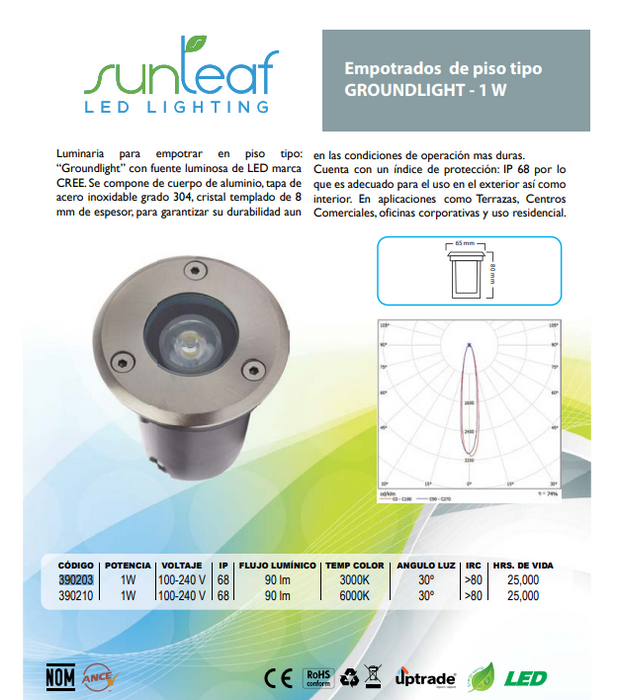 EMPOTRADO LED P/PISO 1W 100-240V LUZ CÁLIDA SUNLEAF