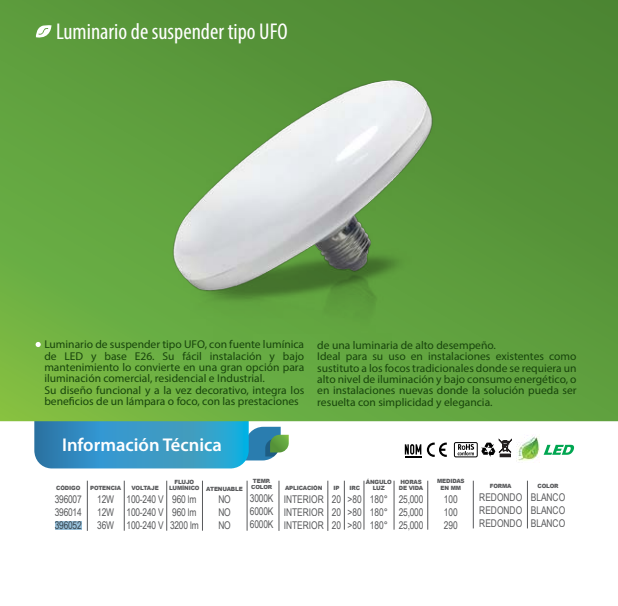 LUMINARIA DE SUSPENDER 12W/24W/36W LUZ FRÍA 100-240 V SUNLEAF