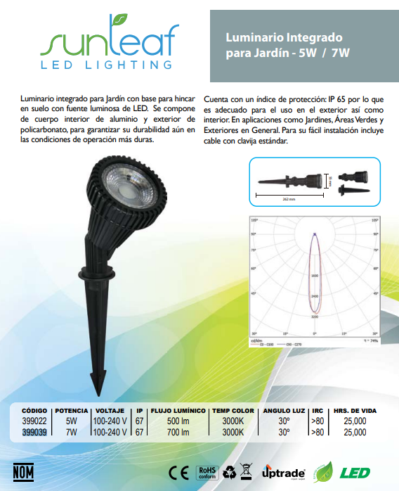 EMPOTRADO ESTACA LED P/PISO ESTACA 7W LUZ CÁLIDA SUNLEAF