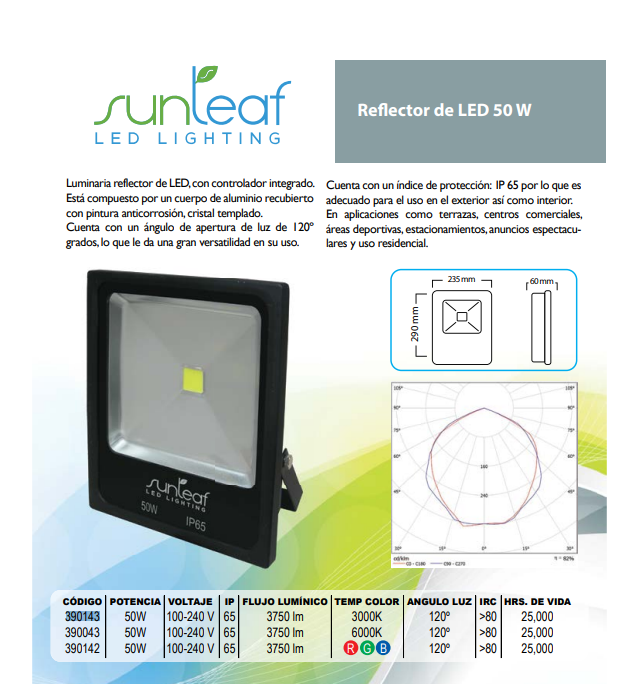 REFLECTOR LED 50W 100-240V LUZ CÁLIDA SUNLEAF