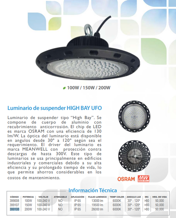 LUMINARIA DE SUSPENDER UFO HIGHBAY 200W LD SUNLEAF