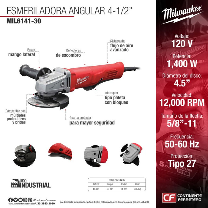 ESMERILADORA DE ÁNGULO PEQUEÑO DE  4-1/2"  11 A 120 V MILWAUKEE