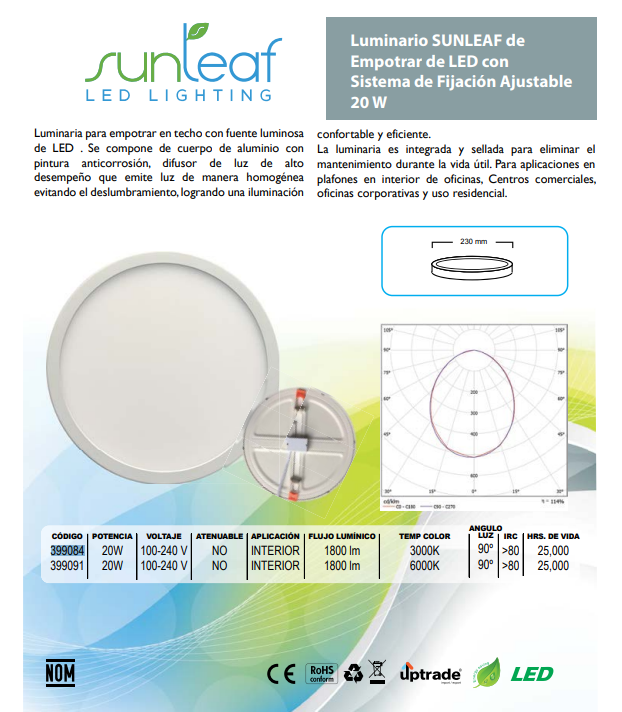 EMPOTRADO P/TECHO 20W 100-240V LUZ CÁLIDA SUNLEAF — Elektrocontrol