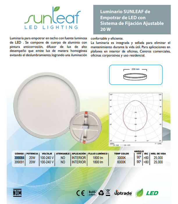 EMPOTRADO P/TECHO 20W 100-240V LUZ CÁLIDA SUNLEAF